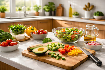 Fresh Vegetable Salad Preparation on Kitchen Counter with Natural Light