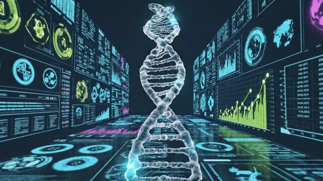 Futuristic visualization of a DNA double helix between information data panels showing medical and scientific research