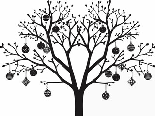 A silhouette of a tree adorned with festive christmas ornaments