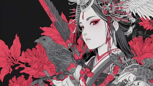 Captivating illustration of Ame-no-uzume, a powerful Japanese goddess from mythology. This female deity, adorned in traditional attire and an elaborate headdress, features piercing red eyes and a watc