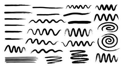 Wavy ink doodles and circular spiral line elements