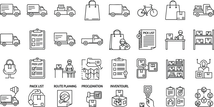 Logistics and delivery service icon set featuring shipping trucks warehouse management pick list route planning and distribution vector