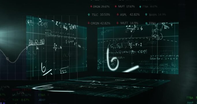 Animation of math formulas and data on digital screens in black space