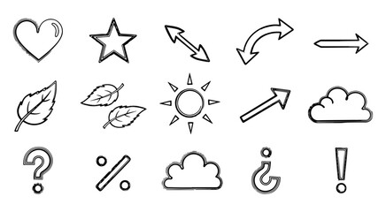 Assorted hand drawn heart star and weather icons