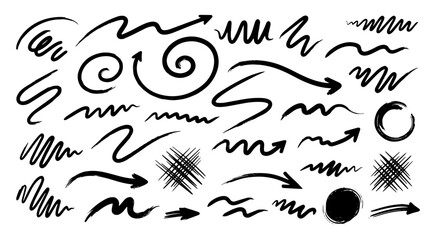 Curvy hand drawn ink arrows and pointing doodles