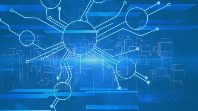 Animation of scope scanning over colorful blots and shape text on blue background