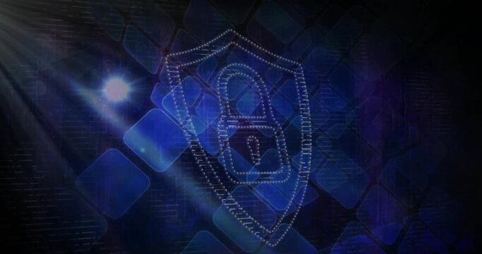 Animation of padlock icon over glowing squares on black background
