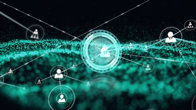 Animation of network of connections with icons over moving clock and light spots on black background