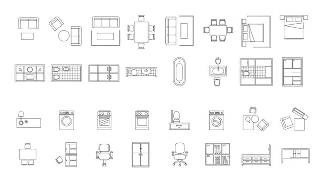Furniture Outline Top View 20 Icons Set Thin Line Floor Plan Symbols for Architecture