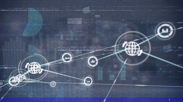 Animation of vhs glitch effect over network of digital icons against screens with data processing