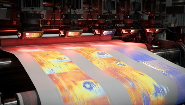 Medium shot of highspeed AI cameras using infrared lights to scan paper webs highlighting advanced defect detection with glowing thermal imaging technology.