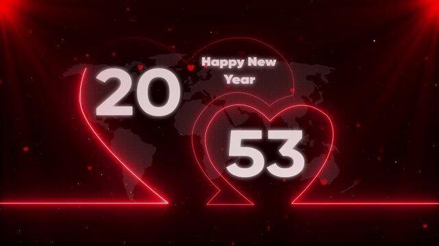 Happy New Year 2053 futuristic heart with neon lights and map heart neon lights