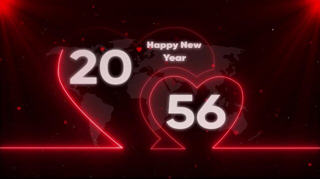 Happy New Year 2056 Neon Heart on Dark Background with Map and Futuristic heart futuristic