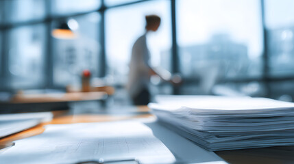 Stack of paperwork office desk with blurred analyst working background reviewing carbon accounting documents, focused paperwork and modern