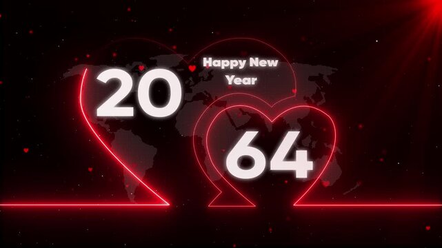 Happy New Year 2064 Neon Heart with Map Background heart map