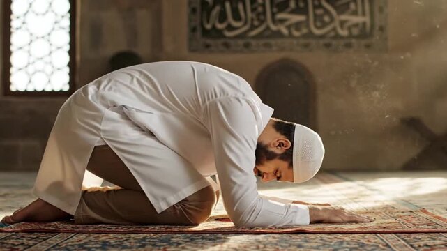 Muslim man performing prayer inside mosque with peaceful morning light creating spiritual atmosphere of faith devotion and inner calm reflection