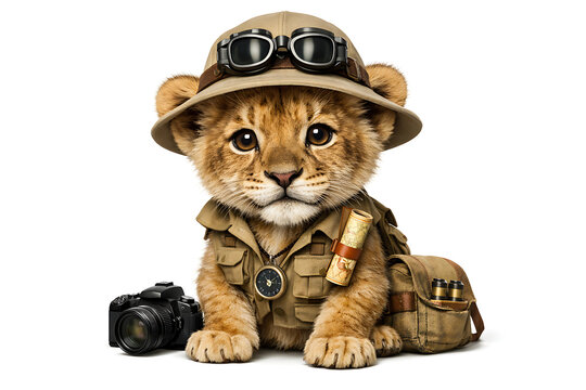 Adorable baby lion cub dressed as a safari explorer with hat camera and gear 3D illustration isolated on white background