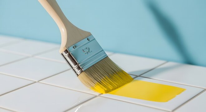 Paintbrush applying yellow paint to white tiles