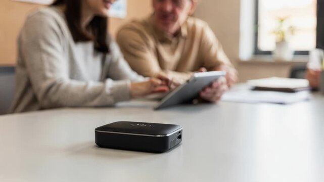 Medium shot capturing a mobile hotspot device on a table as a worker guides a client using a tablet for electronic food voucher activation background gently out of focus.