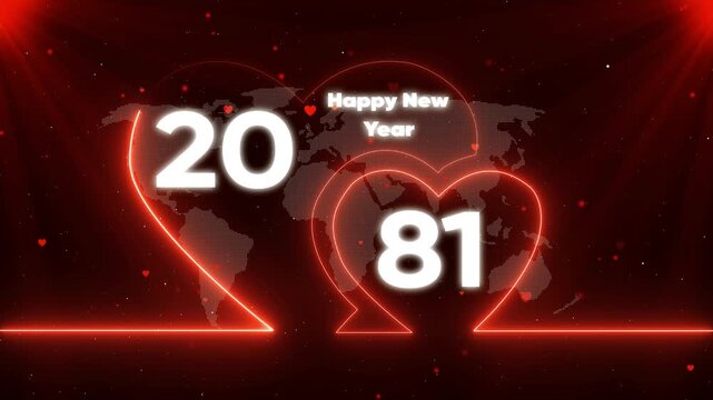 Happy New Year 1981 neon heart with map and red background