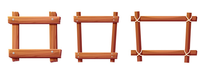 Wooden frame set, border wood board, brown plank. Rustic textured tree panel frames fastened with timber nails and natural rope. Ui game asset 