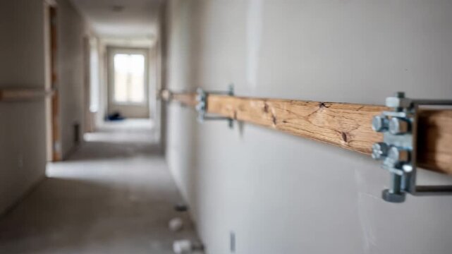Medium frame showing the mounting of a wooden support rail along a long hallway capturing the sharp detail of mounting brackets while the distant corridor remains softly out of