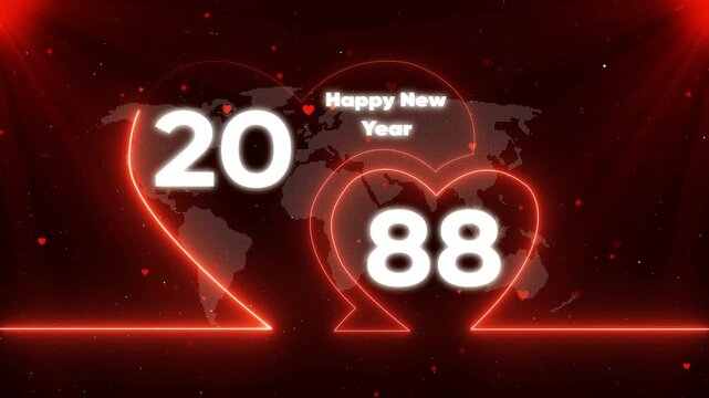 Happy New Year 1988 neon heart with map background red background
