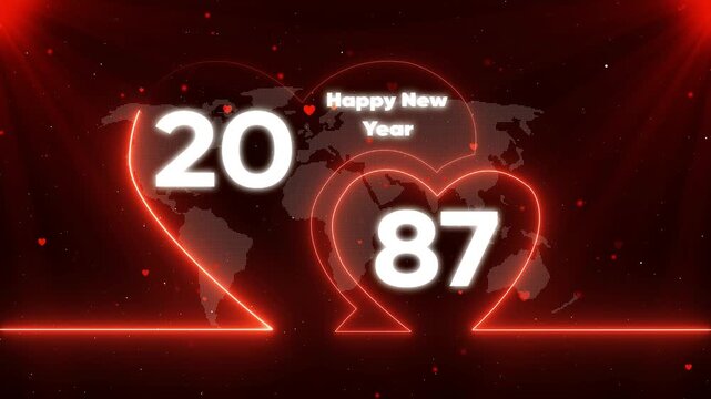 Happy New Year 2020 Celebration Background with Heart Shaped Map and Neon Lights