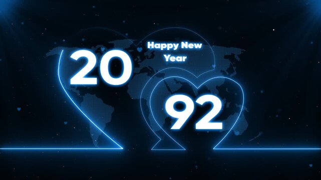 Happy New Year 1992 neon heart shaped numbers on map background