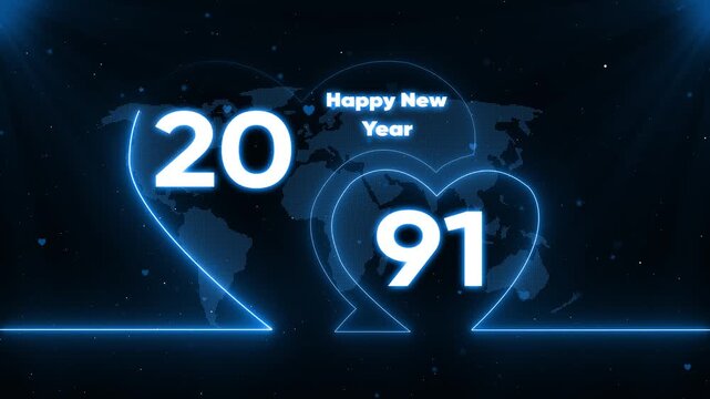 Happy New Year 1991 neon heart shaped map background with glowing blue lines and stars dark blue night sky