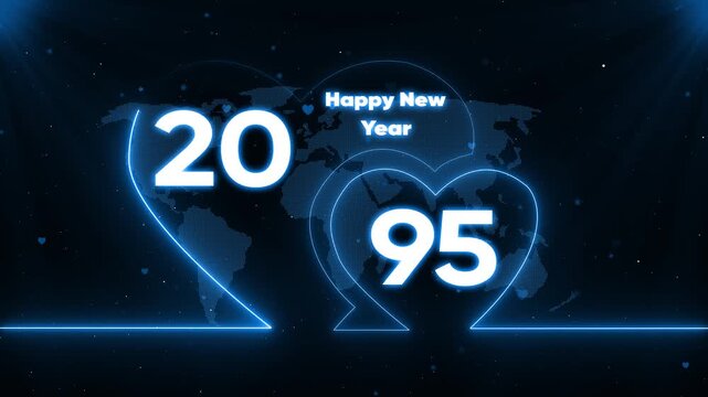 Happy New Year 1995 neon heart shaped numbers on map background