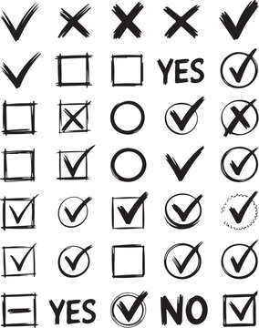 Collection of hand-drawn check marks, cross symbols, and selection boxes set 
