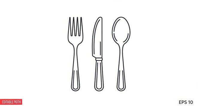 Simple Outline Drawing of Fork, Knife, and Spoon on White Background