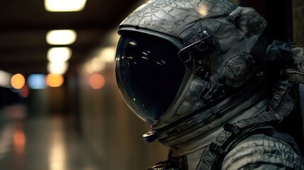 Fototapeta premium Astronaut in a space suit with a dark visor looking forward, depicting exploration and futuristic travel for a banner design.