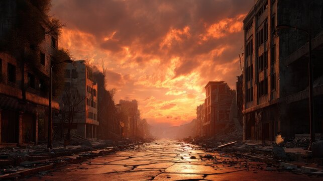 Post apocalyptic destroyed city street with cracked road and ruined buildings under a vibrant orange sky, symbolizing disaster and devastation.