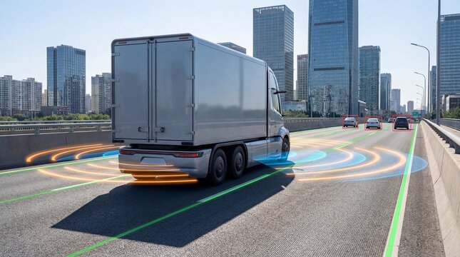 Autonomous Truck Sensor Detection on Urban Highway. Self Driving Freight Vehicle, ADAS Safety Systems, Radar And Lidar Technology, Smart Logistics Transport
