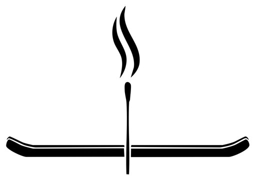 Silhouette Illustration: Flaming Matchstick Intersecting Two Parallel Bars, Simple Graphic Design