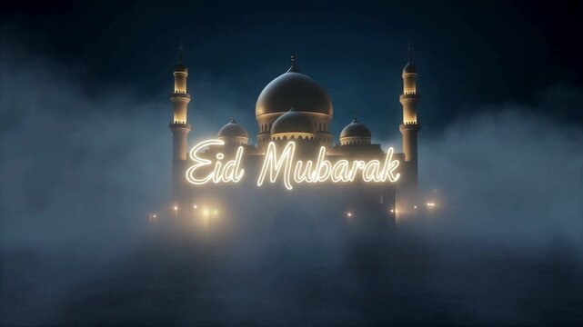 Eid Celebration Lights Illuminate Mosque, Dome and Minaret Amid Foggy Night in Digital Illustration