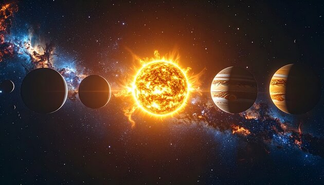 Radiant sun illuminates orbiting planets in a dynamic solar system. This cosmic illustration features nebulae and stars, capturing vastness and universal wonder