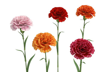 Fototapeta premium Five colorful carnation flowers with green stems and leaves on a black background