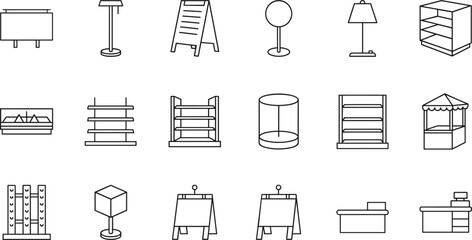 Minimal line furniture and retail display icons set featuring shelves tables lamps stands racks vector outline modern ui © Hafizul