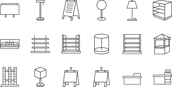 Minimal line furniture and retail display icons set featuring shelves tables lamps stands racks vector outline modern ui