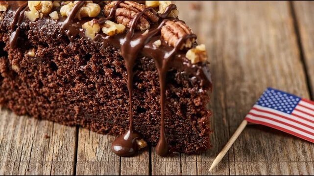 Close-up of rich chocolate pecan cake slice with dripping ganache and American flag on rustic wooden table