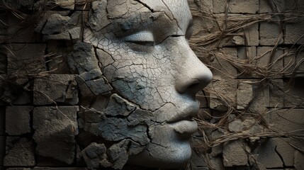 Cracked stone face of a woman emerging from a textured brick wall with creeping vines. Ancient art and forgotten civilization concept.