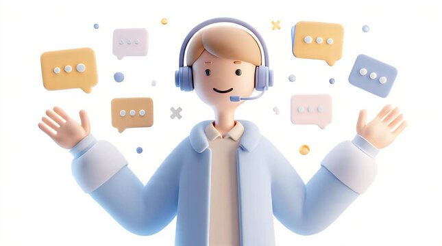 A cheerful 3D illustration depicting a customer service representative. Ideal for concepts like support, communication, help desks, and positive inter