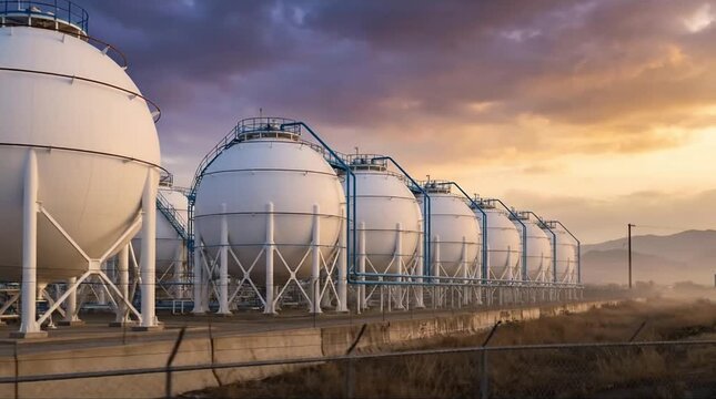Spherical Industrial Gas Storage Tanks at Sunset: Energy Infrastructure Against a Dramatic Sky