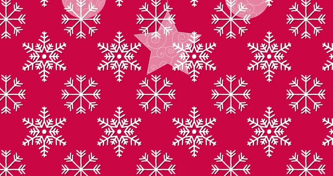 Animation of big snowflakes over big snowflakes pattern on pink background
