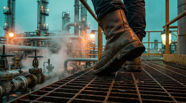 Industrial worker balancing on a metal grate in a refinery, surrounded by complex piping, valve, and steam vents under moody blue lighting in an active industrial facility