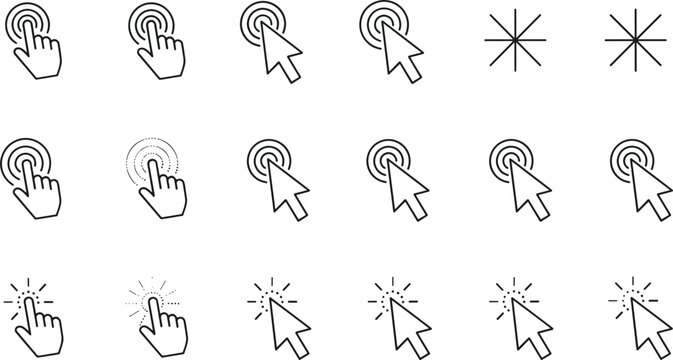 Click cursor and touch gesture icon set with mouse pointer tapping interaction symbols vector illustration outline style