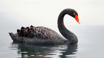 Fototapeta premium Black swan swimming alone on lake, a majestic animal in its natural habitat. Serene wildlife scene for nature and animal concepts.